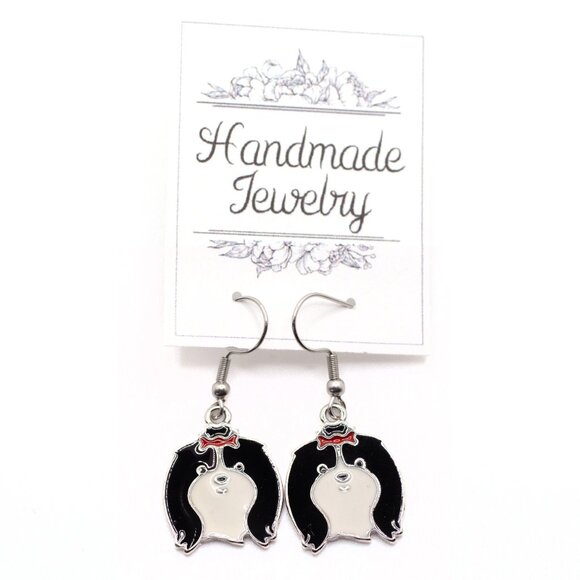 Handmade Silvertone & Enamel Shih Tzu Dog Dangle Earrings, New - Picture 2 of 2